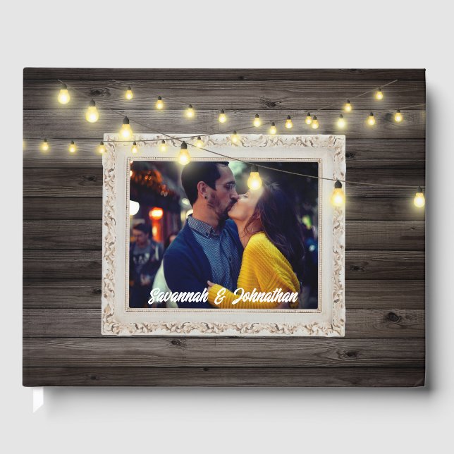 Country-Saitenlichter Holz rustikale Hochzeit Gästebuch (Vorderseite)