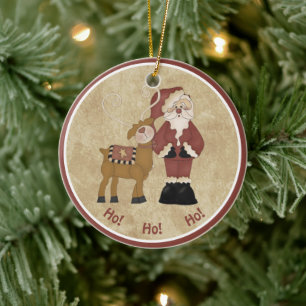 Country Santa und sein Rentier Keramik Ornament