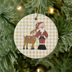 Country Santa und seine Rentier Keramik Ornament