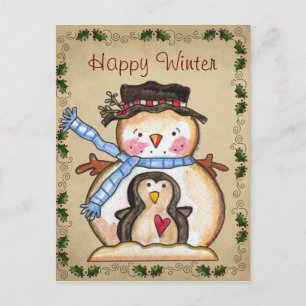 Country Snowman and Pinguin Friendship Postcard Postkarte
