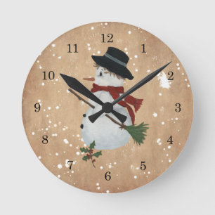 Country Snowman Wall Clock Runde Wanduhr