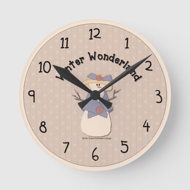 Country Snowman Wall Clock Runde Wanduhr (Vorderseite)