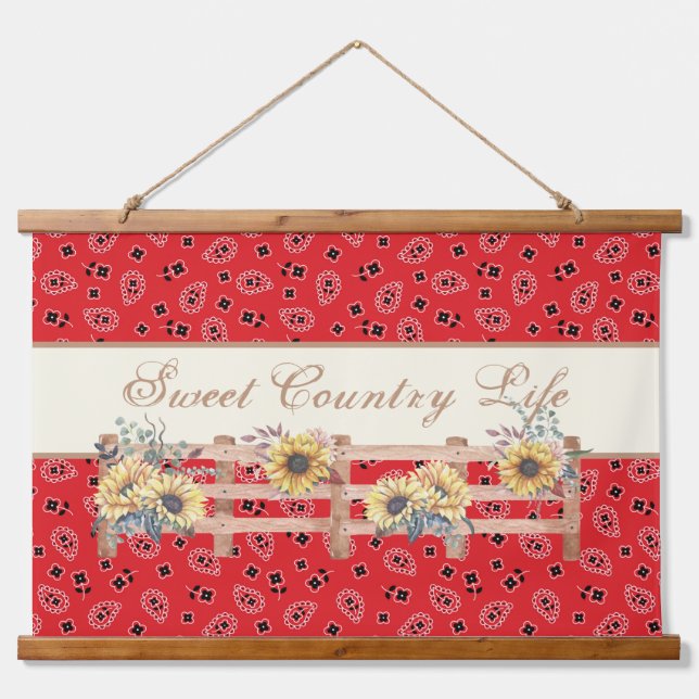 Country Sonnenblumen auf Bandana Print Custom Wandteppich Mit Holzrahmen (Vorne)
