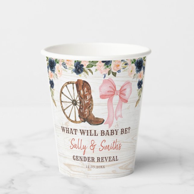 Country Stiefel oder Bows Gender Reveal Paper Cup Pappbecher (Vorderseite)