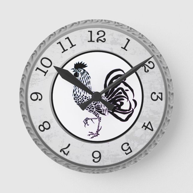 Country Style Black Rooster Round Wall Uhr (Vorderseite)