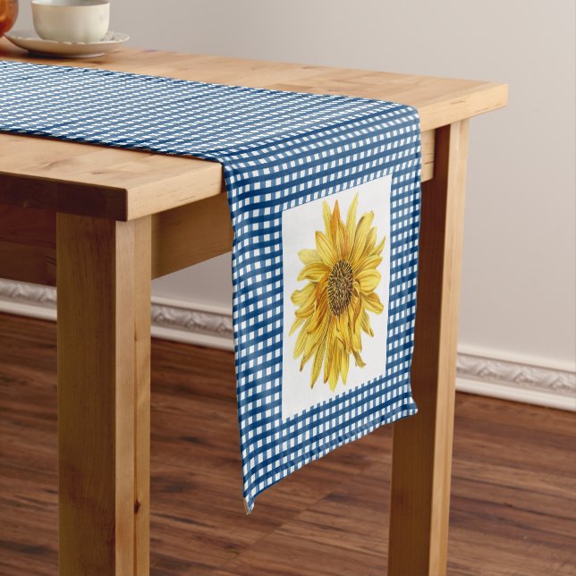 Country Style Blue Gingham Kariert mit Sonnenblume Kurzer Tischläufer (Beispiel)