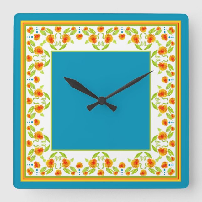 Country Style Marigolds Border Square Wall Uhr (Vorderseite)