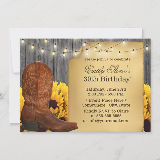 Country Sunblumen Cowgirl Barn Wood Geburtstag Einladung (Vorderseite)