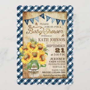 Country Sunblumen Gingham Karo Boy Baby Dusche Einladung