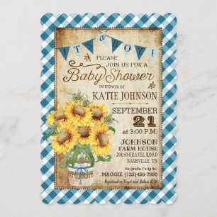Country Sunblumen Gingham Karo Boy Baby Dusche Einladung