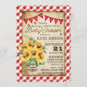 Country Sunblumen Gingham Karo Girl Baby Dusche Einladung