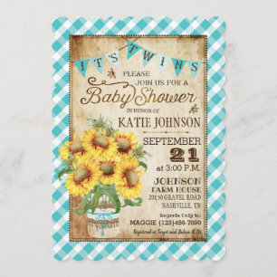 Country Sunblumen Gingham Karo Twins Baby Dusche Einladung