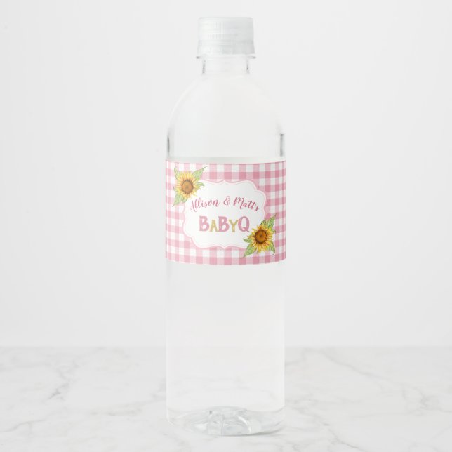 Country Sunblumen Pink Gingham Karo Baby Q GRILLEN Wasserflaschenetikett (Vorderseite)