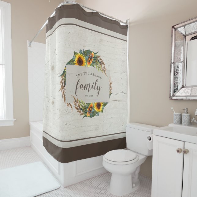 Country Sunblumen Rustic Wood Familienname Duschvorhang (Beispiel)