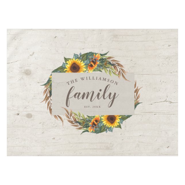 Country Sunblumen Rustic Wood Familienname Tischdecke (Vorderseite (Horizontal))