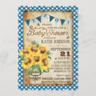 Country Sunblumen und Gingham Karo Baby Dusche Einladung