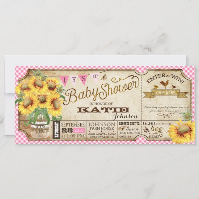 Country Sunblumen und Gingham Karo Baby Shower Einladung (Vorderseite)