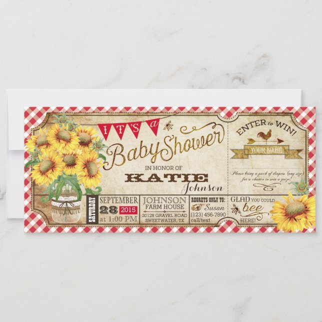 Country Sunblumen und Gingham Karo Baby Shower Einladung (Vorderseite)