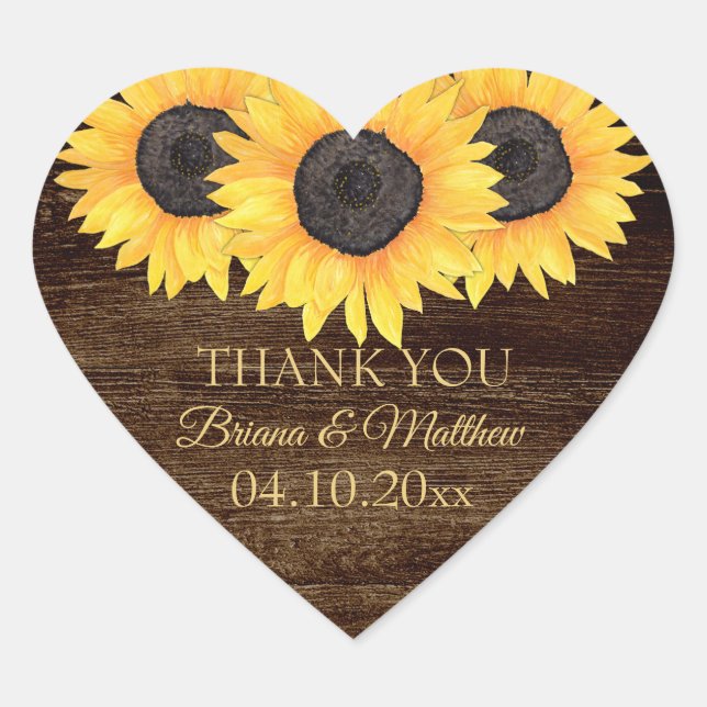 Country Sunflower auf Wood Wedding Heart Sticker (Vorderseite)