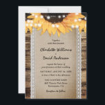Country Sunflower Barn Wood String Lights Wedding Einladung<br><div class="desc">Sunflower wedding invitation featuring sunflowers,  string lights and a burlap and lace table runner against a rustic wood background.</div>