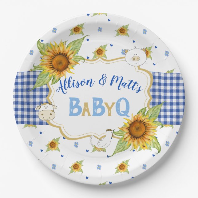 Country Sunflower Blue Gingham Baby Q Barbeque Pappteller (Vorderseite)
