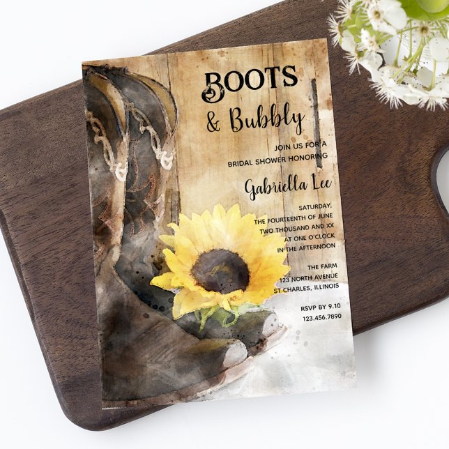 Country Sunflower Boots and Bubbly Brautparty Einladung (Von Creator hochgeladen)