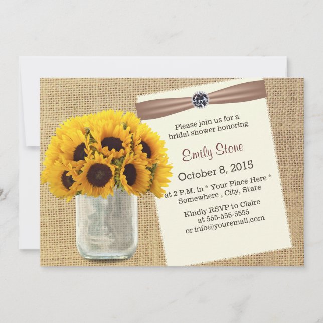 Country Sunflower & Mason Jar Burlap Brautparty Einladung (Vorderseite)
