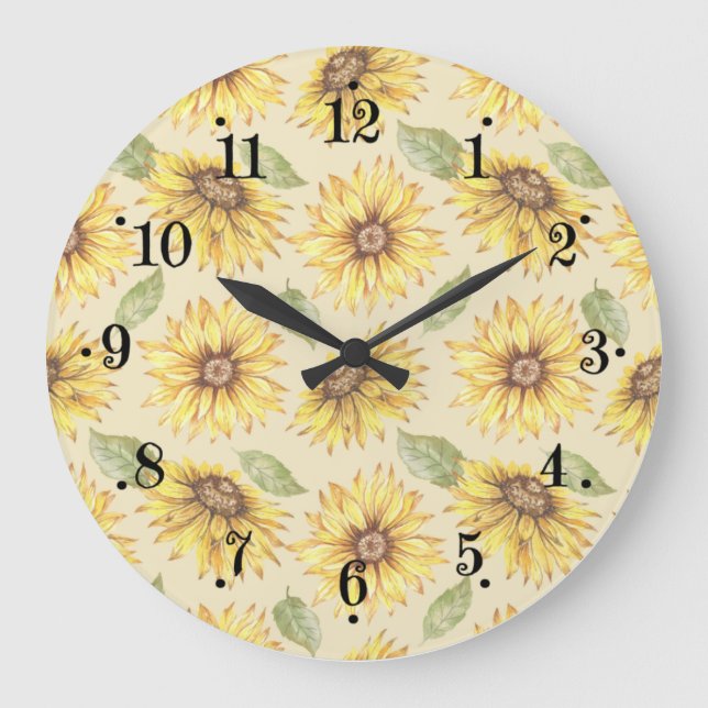 Country Sunflower Meadow Design Wall Clock Große Wanduhr (Vorderseite)