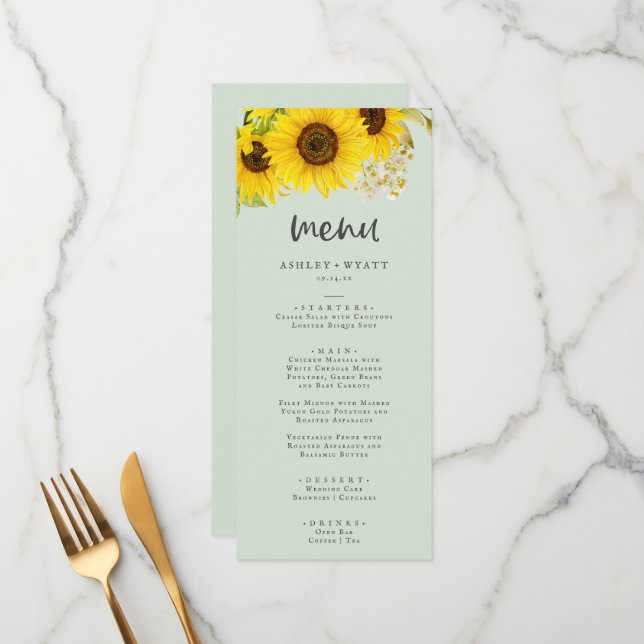 Country Sunflower | Mint Wedding Dinner Menu Menükarte (Vorderseite/Rückseite Beispiel)