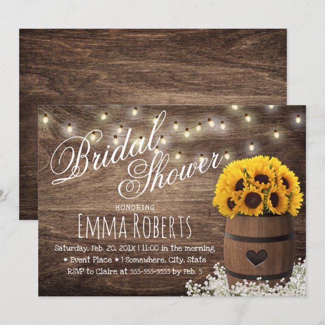 Country Sunflower & String Lights Brautparty Einladung (Vorne/Hinten)