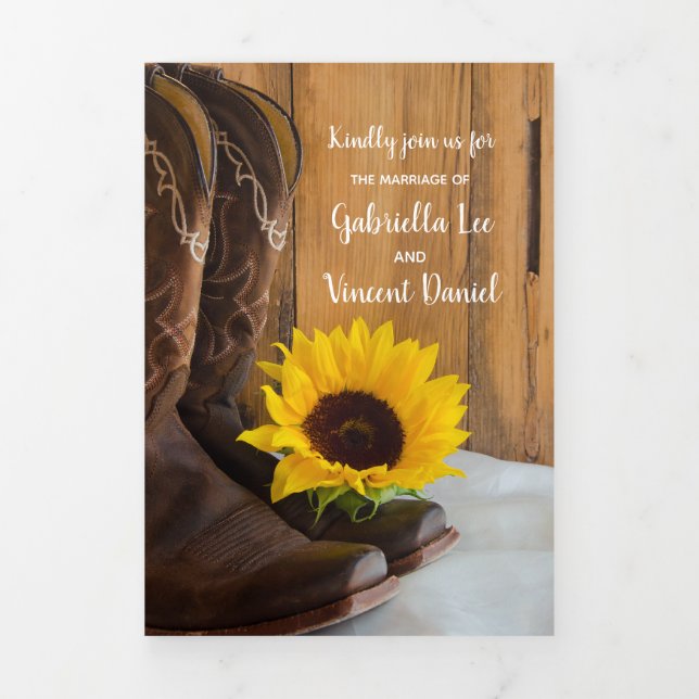 Country Sunflower Western Barn Wedding Dreifach Gefaltete Einladung (Cover)