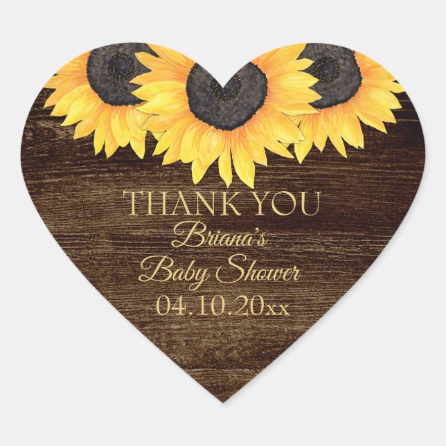 Country Sunflower Wood Baby Dusche Heart Sticker (Vorderseite)