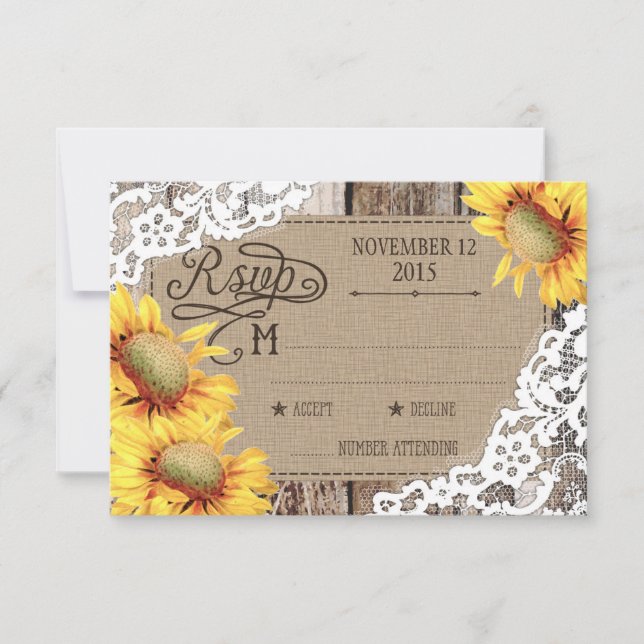 Country Sunflower Woods Lace Rustic RSVP Card Karte (Vorderseite)