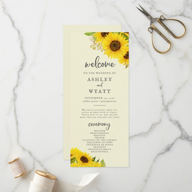 Country Sunflower | Yellow Wedding Program Programm (Vorderseite/Rückseite Beispiel)