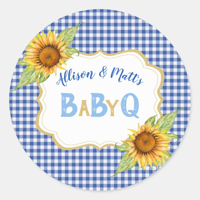 Country Sunflowers Blue Karo GRILLEN BabyQ Runder Aufkleber (Vorderseite)