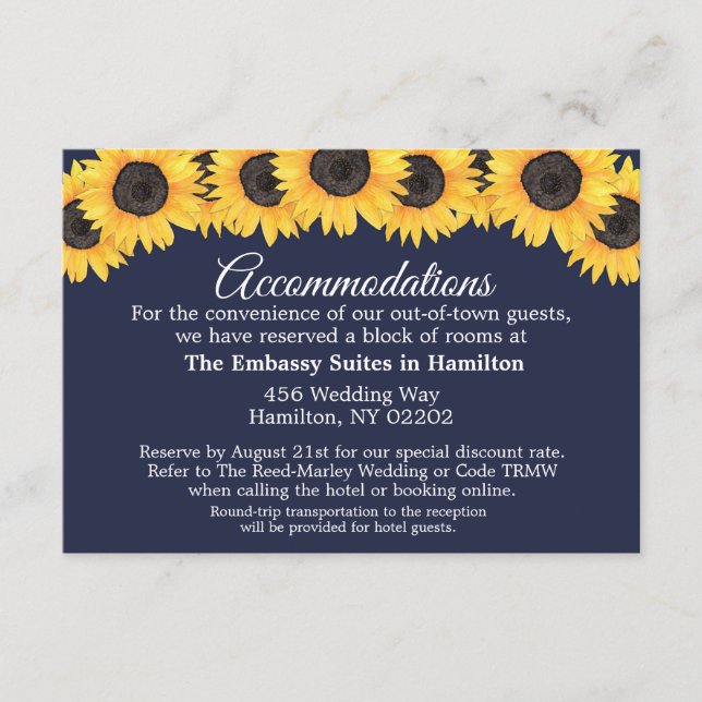 Country Sunflowers Blue Unterkunft Card Begleitkarte (Vorderseite)