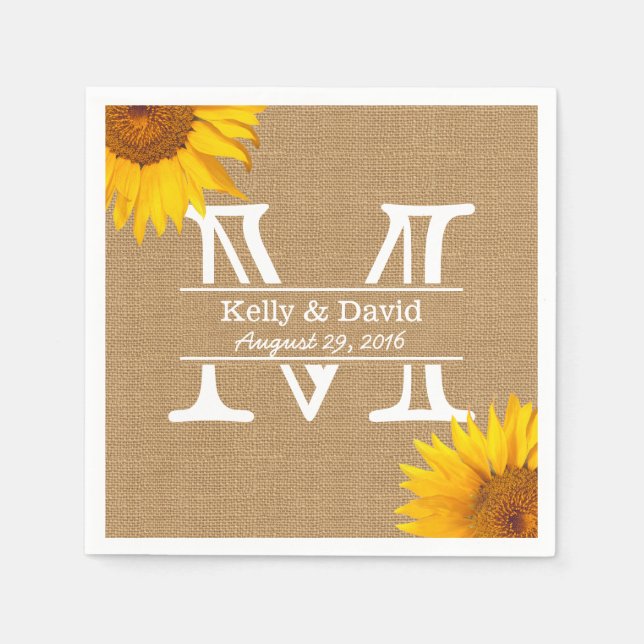 Country Sunflowers Monogram Burlap Rustic Wedding Serviette (Vorderseite)