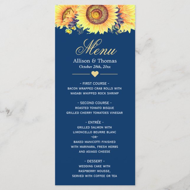 Country Sunflowers Navy Blue Wedding Menu Menükarte (Vorderseite)