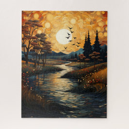 Country Sunset mit Vögeln und Stream Jigsaw Puzzle