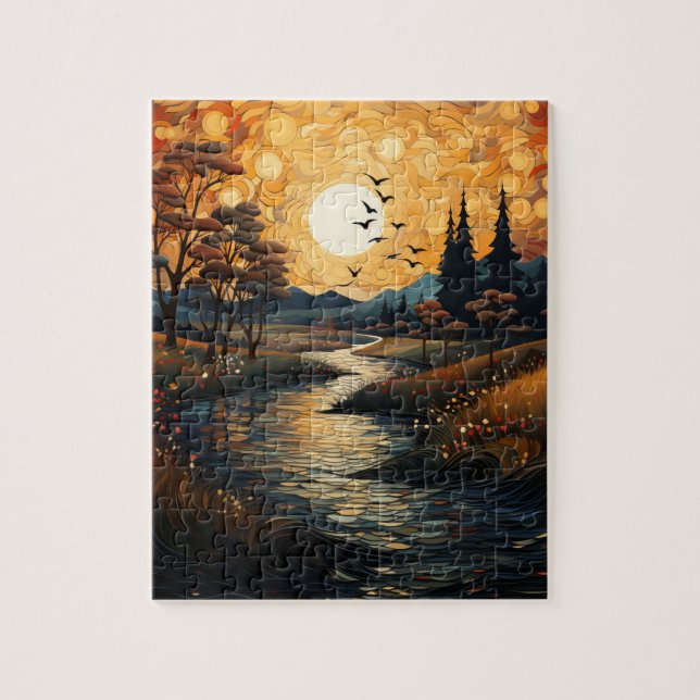 Country Sunset mit Vögeln und Stream Jigsaw Puzzle (Vertikal)