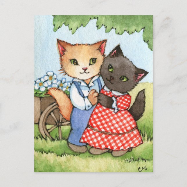 Country Sweethearts - Niedliche Cat Couple Art Postkarte (Vorderseite)