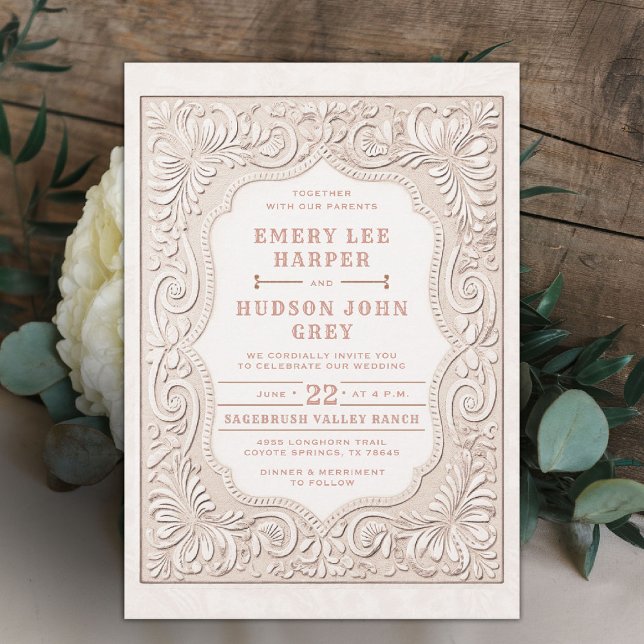 Country Toolted Leather Western Rose Cowboy Weddin Einladung (country western wedding invitation tooled leather white beige dusty rose rustic elegant barn)