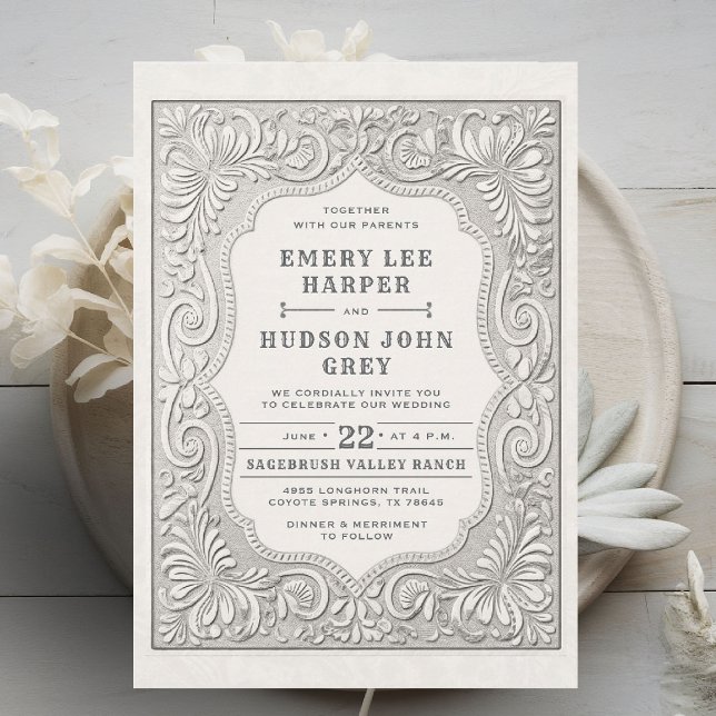 Country Toolted Leder Western Rustic Barn Wedding Einladung (cowboy wedding invitation tooled leather effect elegant country western barn backyard black white)