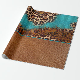 Country Türkise Leopard Brown Imitate Leather Geschenkpapier