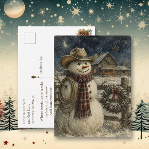 Country und Western Weihnachten Cowboy Schneeman Postkarte