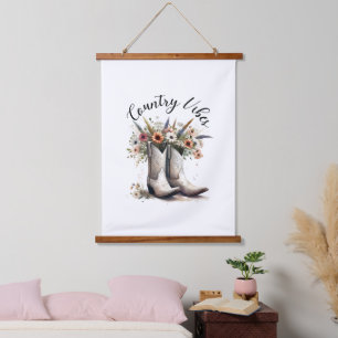 Country Vibes Western Stiefel und Blume Aquarell Wandteppich Mit Holzrahmen