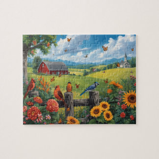 Country View Birds Sunflowers Red Barn Scene Puzzle