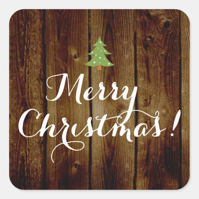 Country Vintag Wood Frohe Weihnachten Quadratischer Aufkleber (Vorderseite)