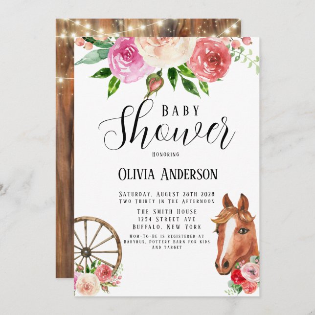 Country Wagon Wheel Pferd und Florals Babydusche Einladung (Vorne/Hinten)