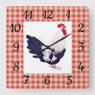 Country Wall Clock with Red Checks and Rooster Quadratische Wanduhr